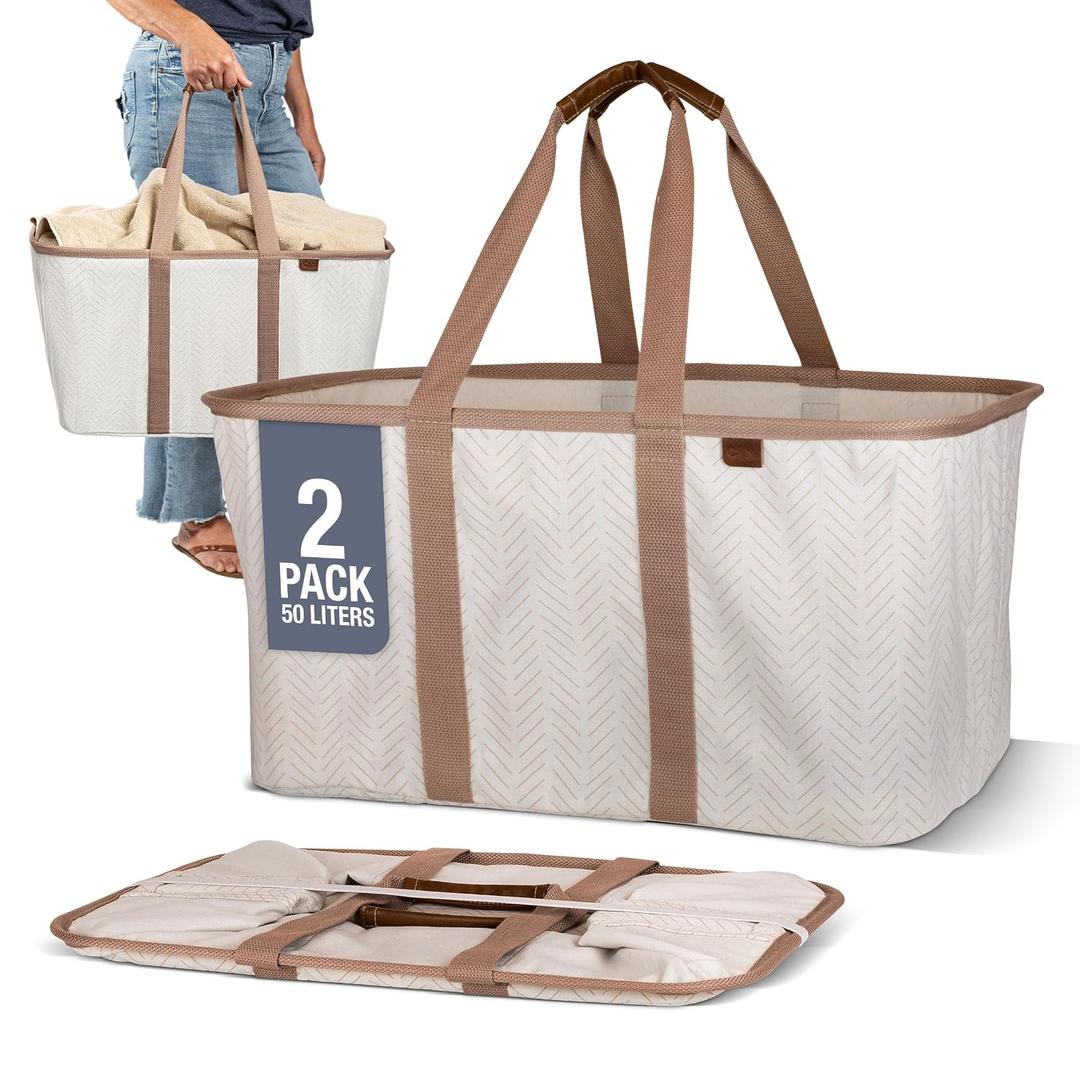 CleverMade Collapsible Laundry Tote 2-Pack (50L) Foldable Carry-All Storage Bin for Laundry, Car Trunk, RV, Dorm & Home Organization LUXE Cotton Blend with Vegan Leather Accents, Cream