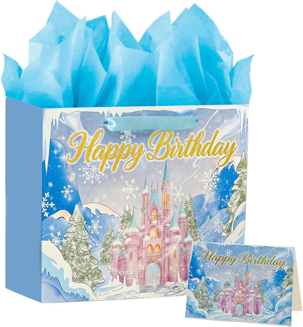 PrintGuru 13 Large Birthday Gift Bag with Tissue Paper and Greeting Card, Frozen Gift Bag with Ribbon Handles For Girls Women Kids Birthday, 13W x 10.2H x 4.9D (Princess Castle, Snowflake, Blue, Pack 1)