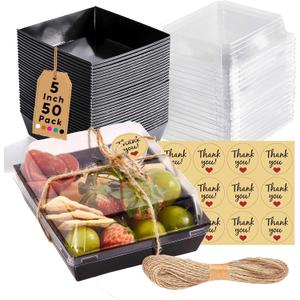 50 Pack Small Charcuterie Boxes with Clear Lids - To Go Paper Mini Charcuterie Box, Disposable Food Containers, 5Inch Dessert Boxes - Sandwich, Cookie, Sushi, Cake Slice, Strawberries (Black)