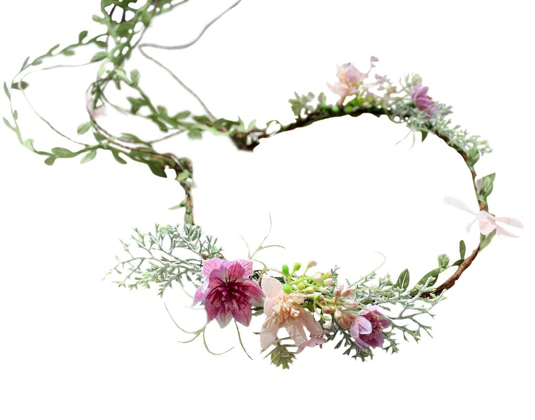 Vine Flower Crown Boho Flower Headband Hair Wreath Floral Halo Headpiece with Ribbon Wedding Party Photos Rosy (2)