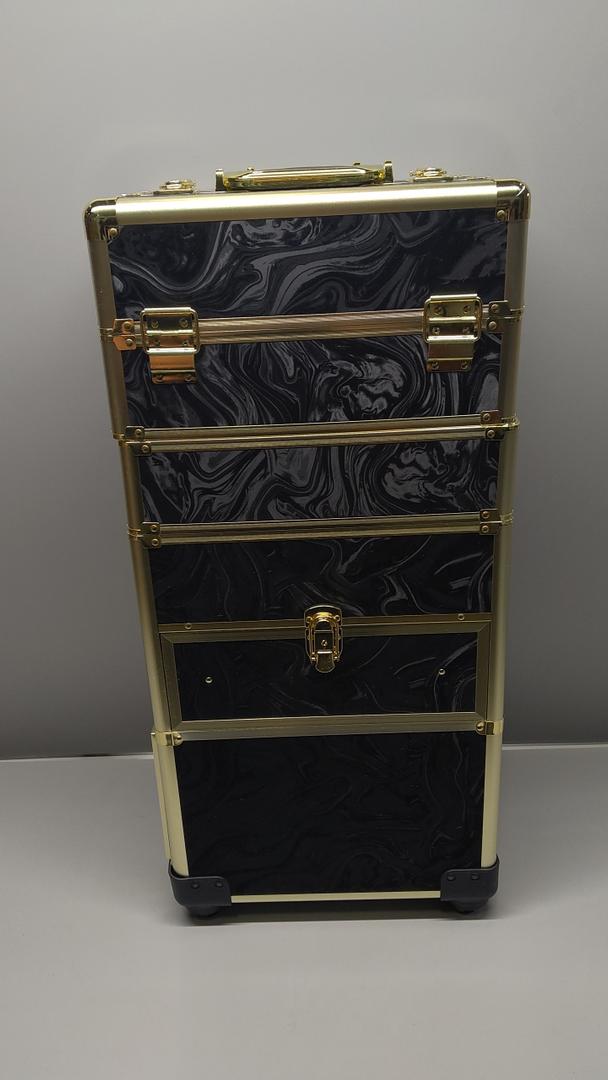 Rolling Makeup Case with Drawer, Makeup Train Case, 4 in 1Cosmetology Case on Wheels, Christmas Gift, Large Makeup Organizers, Profesional Cosmetic Case for Salon Barber, Pattern Black Gold
