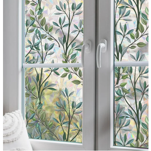 Window Privacy Film, Rainbow Green Plant Leaves Static Cling Decorative, Double Sided Stained Glass Window Stickers for Home Living Room Bathroom Glass Windows Door, 38.4 x 15.8 inches (Green Vines)