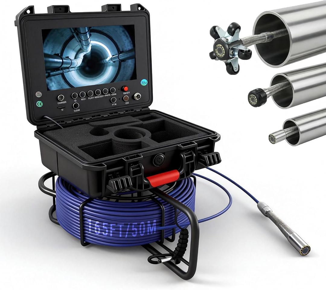 Sewer Camera, Self-Leveling Borescopes Plumbing with Transmitter 9" Screen 1080P HD Waterproof IP68 Borescope Camera with Light-12 LED & 32GB Card, 165ft/50m for Duct Pipe Home Inspection
