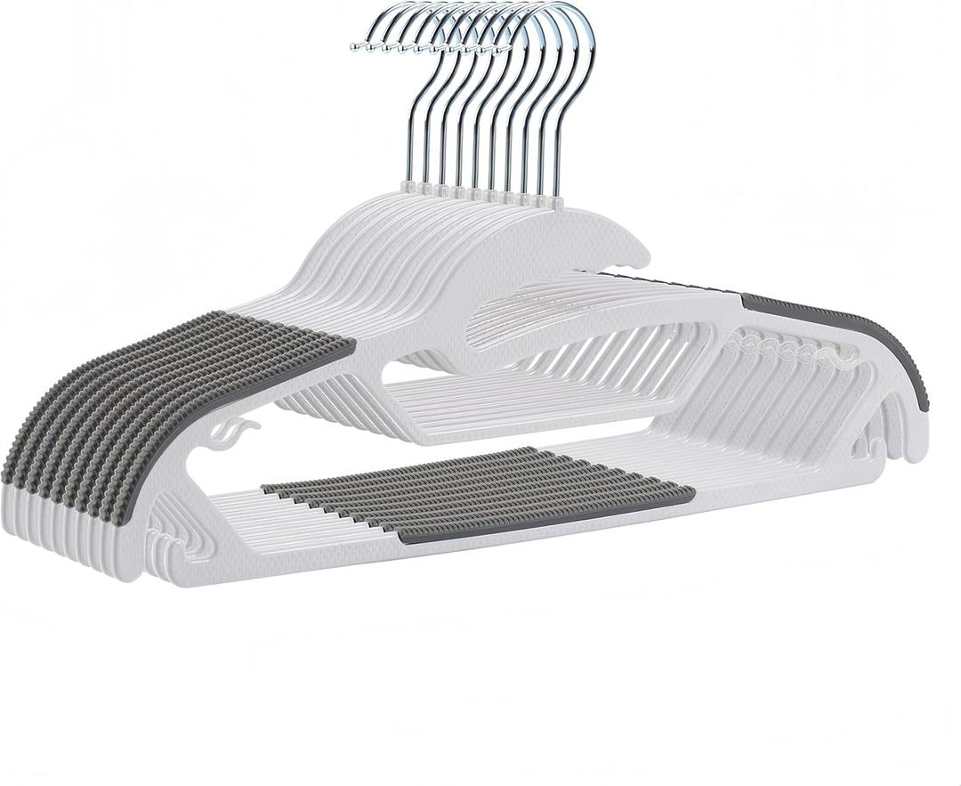 10 Pack Plastic Clothes Hangers Non-Slip | 0.2" Thickened Shirts Hanger Space Saving, Coat Pants Hangers with 360 Swivel Silver Hook for Closet Wardrobe Storage (white Anti-slip Strip)