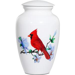 Adult Urn for Human Ashes, Red Cardinal Cremation Urn, White Funeral Urn, Decorative Urn, Large Memorial Urn with Velvet Bag, up to 200 Lbs Capacity