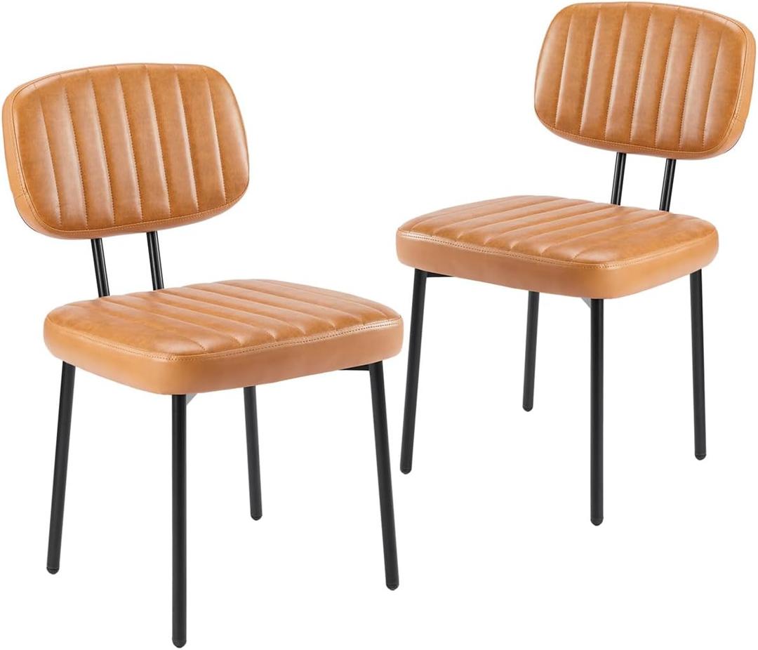 Dining Chairs Set of 2, Mid Century Modern Upholstered Kitchen Chair with PU Leather Cushion Seat & Metal Legs for Home/Living Room/Bedroom/Office-Brown