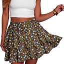 Lepunuo Boho Mini Skirts for Women Flowy Ruffle Tiered Skorts Skirts with Short Underneath with Pockets Beach Vacation (Medium, Floral Black Colorful)