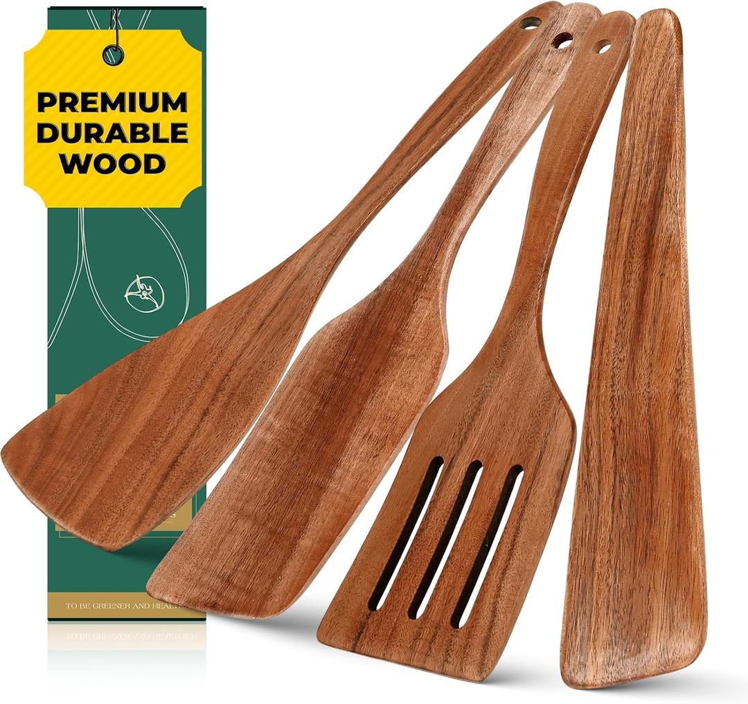 AIUHI Premium Teak Wood Spatula Set, 4-Piece Non-Stick Cooking Utensils for Kitchen, Includes Paddle, Turner, Slotted Spatula & Wood Scraper  Durable & Easy to Clean