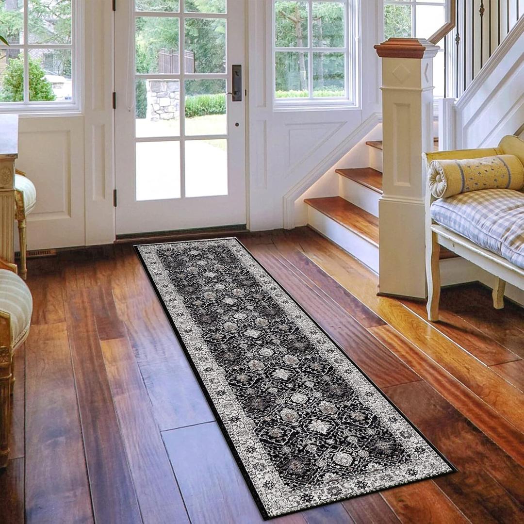 Hallway Washable Runner Rug - 2x7 Kitchen Rugs Entryway Rug Runner Vintage Soft Floor Mat Non Slip Indoor Farmhouse Carpet for Bathroom Living Room Bedroom (2 X 7, Black)