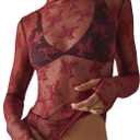 KMBANGI Women's Mesh Lace Long Sleeve Top Mock Neck Sheer Blouse Floral Lace Layering Tops Y2k See Through Tee Shirt (Embroidery Wine Red)