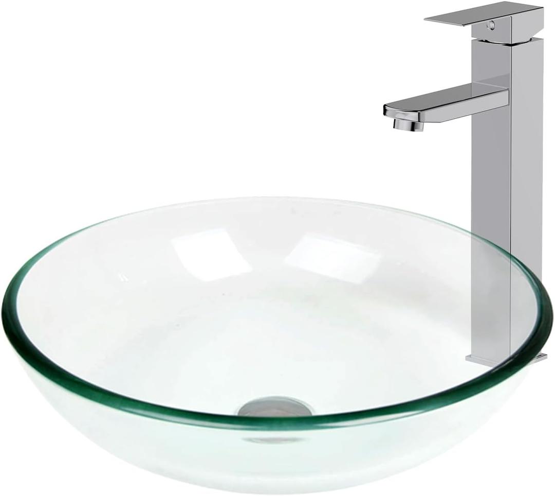 Bathroom Vessel Sink, Tempered Glass Vanity Round Bowl with Chrome Faucet and Pop up drain Set, Clear, 16.5x16.5x5.5 inches