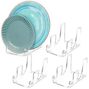 Yoande 4 Pcs 2 Tier Plate Dinnerware Display Stand Acrylic Clear Plate Stand China Platters Holder Setting Racks for Kitchenware Display Cabinet Organizer