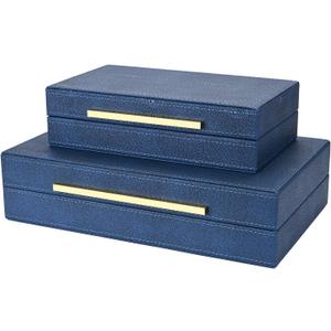 Navy Blue Shagreen box Set of 2 Faux Leather Decorative Boxes,Large Nesting Storage Decorative Boxes with Lids for Modern Home Decor Stacking Jewelry Box Organizer