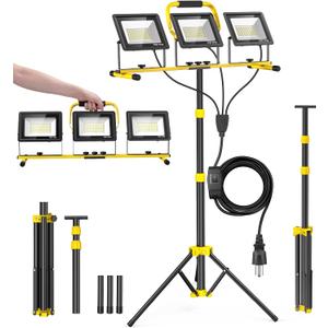 Upgraded LED Work Lights with Stand, 21000 Lumen 3-Head Adjustable Work Light, IP66 Waterproof Construction Tripod Light, Foldable & Portable Work Lights for Garage, Job Site, Outdoor Use (Black)