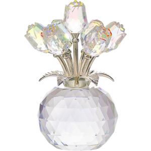 Clear Rose Flower Crystal Figurine with Vase, Bouquet Flowers Ornament Gifts for Wife Girlfriend Women, Handmade Crystal Flower Collectible Home Table Decor for Valentines Day Wedding Anniversary