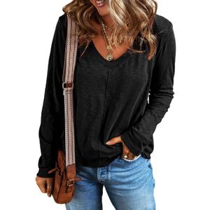 EVALESS Womens Tops Fashion V Neck Long Sleeve Shirts Casual Fall Outfits Basic T Shirts Blouses Top Women's Clothing (01 Black, Small)