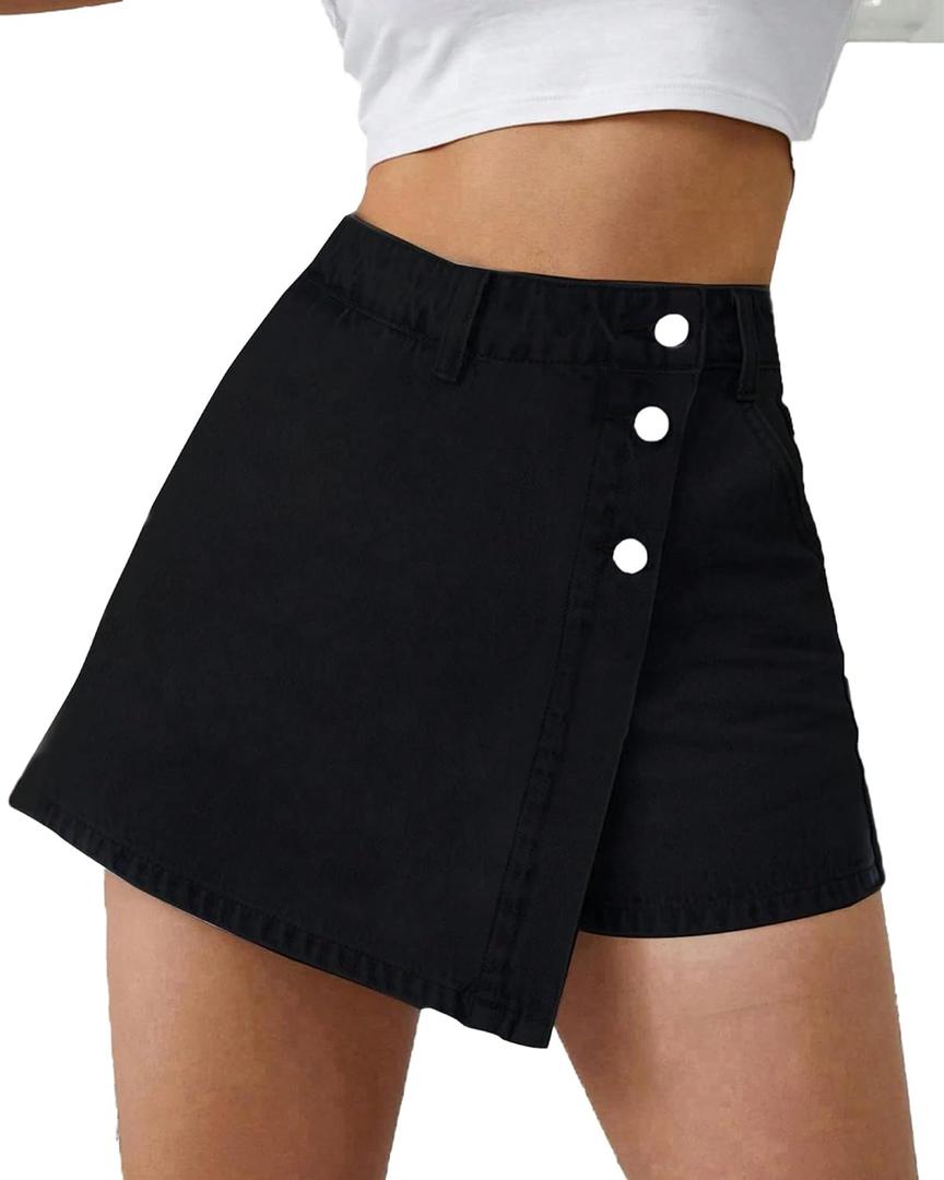 Women's High Waisted Stretchy Denim Skort Casual Asymmetrical Jean Skorts Mini Skirts with Shorts for Summer. (X-Large, Black)