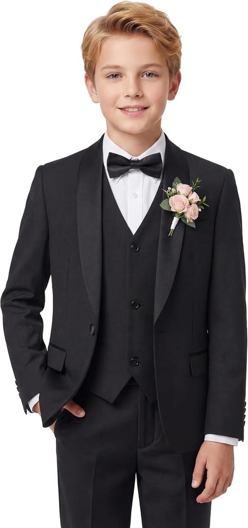 WULFUL Boys 5 Pieces Tuxedo Suit Set Kids Suits Shawl Collar Jacket Pant Vest Bow Tie for Wedding Ring Bearer Party Prom (Black)