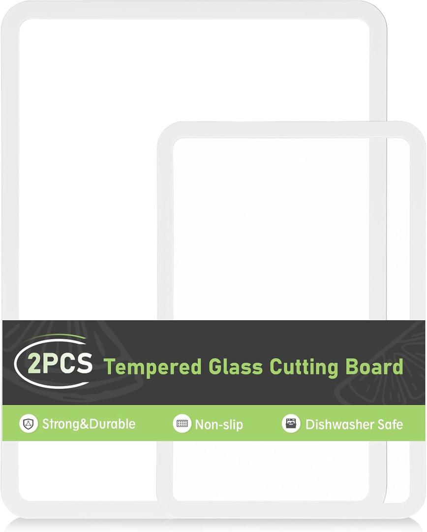 Cutting Board, Tempered Glass Cutting Board for Kitchen Counter, 2Pcs Chopping Board Set with Non-Slip Silicone Edges, Heat Resistant, Dishwasher Safe, Kitchen Decoration (12"x8"&16"x12" White)