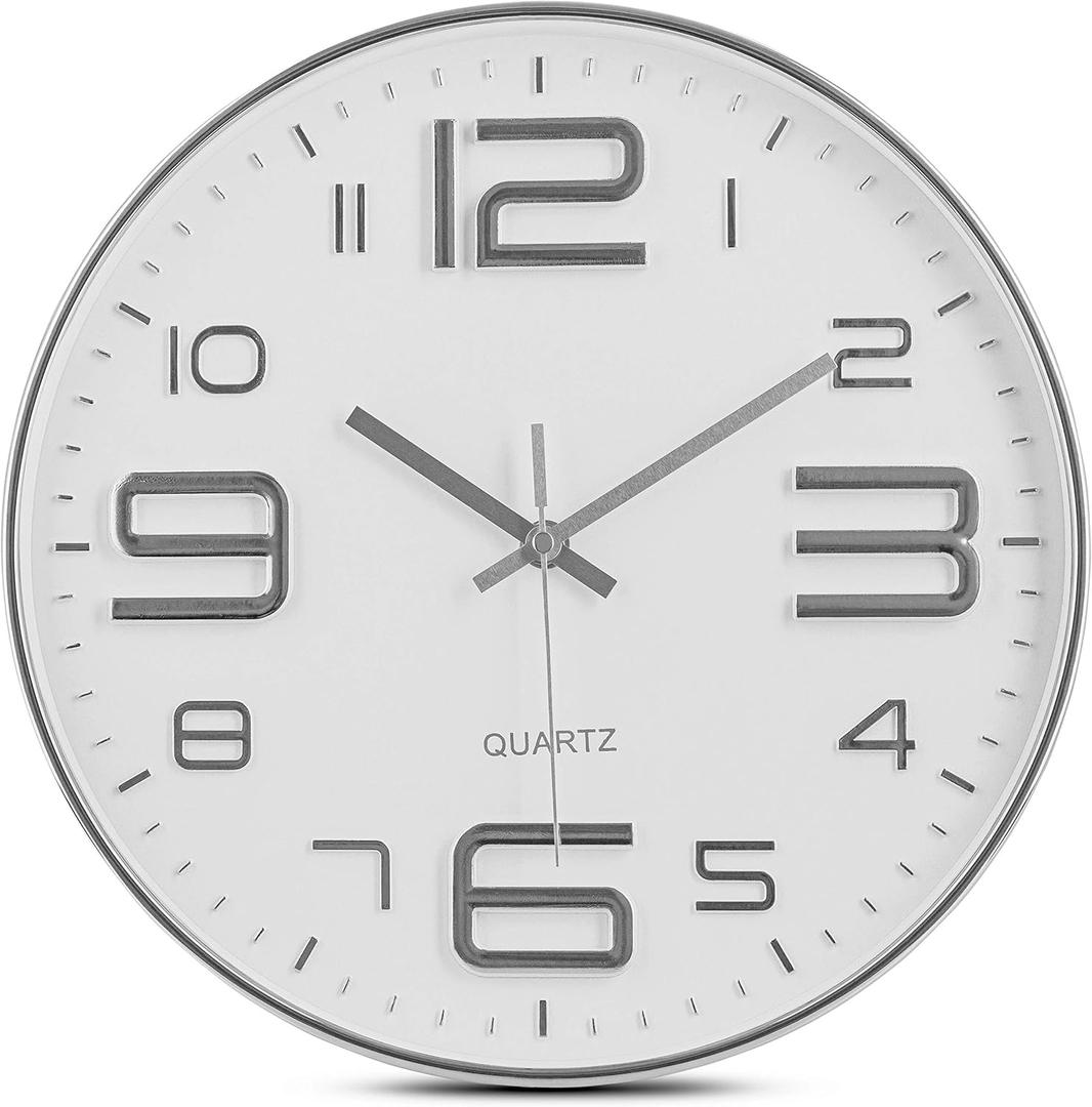 Bernhard Products Silver Wall Clock 12 Inch Silent Non-Ticking Quality Quartz Battery Operated Round White Decorative Modern Design for Home/Office/Kitchen/Bedroom/Living Room (Silver & White)