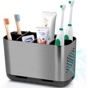 Boperzi Toothbrush and Toothpaste Holder Brushed Nickel Drainage for Bathroom Vanity, Large Electric Toothbrush Storage Caddy Anti-Slip Rustic with Adjustable Dividers for Family, Kids