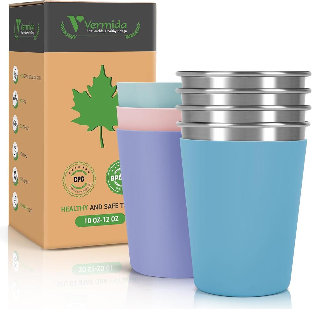 Stainless Steel Cups for Kids and Toddlers, 12oz Stackable Stainless Steel Kids Cups with Silicone Sleeves Sweat Proof, Unbreakable Metal Cups for Home & Outdoor Activities, BPA Free (4 Pack) (Blue, Green, Pink, Purple)