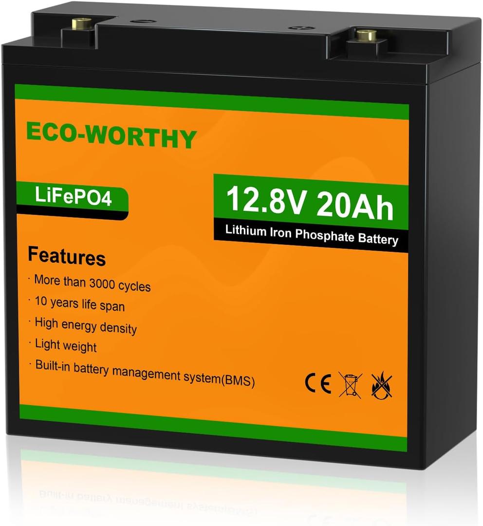 ECO-WORTHY 12V 20Ah Lithium Battery, 3000+ Deep Cycle Rechargeable LiFePO4 Lithium Ion Phosphate Battery with BMS for Trolling Motor, Fish finder, Kids Scooters, Power Wheels, Outdoor Camping