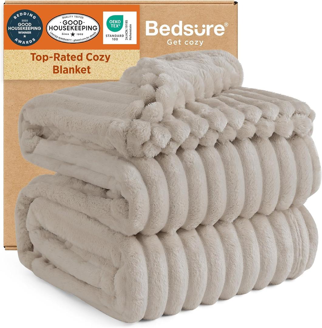 Bedsure GentleSoft Blankets Queen Size for Bed - Cozy Soft Blankets for Women, Cute Large Fleece Throws for Girls, Beige, 90x90 Inches