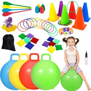 CWLAKON 53PCS Carnival Outdoor Games Combo Set, Hopper Balls for Kids, Ring Toss, Bean Bags, Easter Games Egg Spoon Relay Race, Outside Yard Backyard Field Day Birthday Party Family Reunion Game