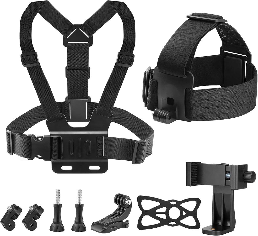 Chest Harness Head Strap Cell Phone Clip Kit for POV, VLOG, Compatible for iPhone, Samaung, GoPro Hero, Insta360, AKASO, DJI Osmo, SJCAM and Other Action Cameras