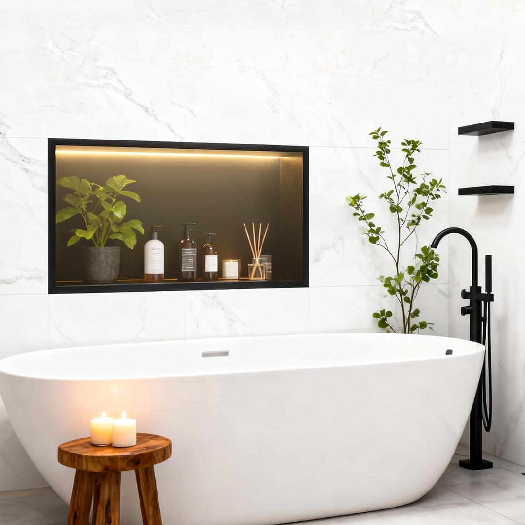 WICHEMI Shower Niche No Tile Needed for Bathroom Storage, Shower Niche LED Lights Waterproof Recessed Wall Niche 24" X 12" 304 Stainless Steel Bathroom Niche for Shower Wall, Matte Black