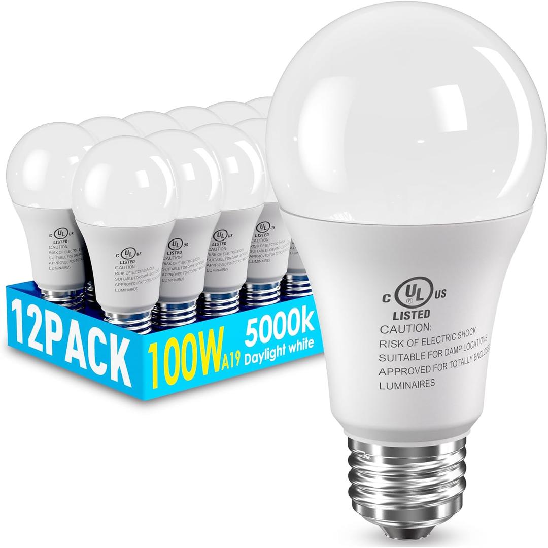 12 Pack LED Light Bulbs 100 Watt Equivalent, A19 15W 5000K Daylight, Super Bright White Light 1500 Lumens, E26 Standard No Flicker Energy Saving Lamp Bulb for Home, Bedroom, Office, Non-Dimmable
