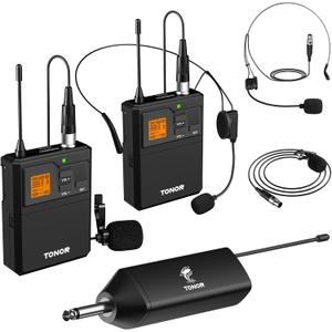 TONOR UHF Wireless Microphone System with Dual Headset Microphones/Lavalier Lapel Mics, Bodypack Transmitters, Mini Rechargeable Receiver, 2x15 Channels 200ft Range, for Recording Speech PA Speaker