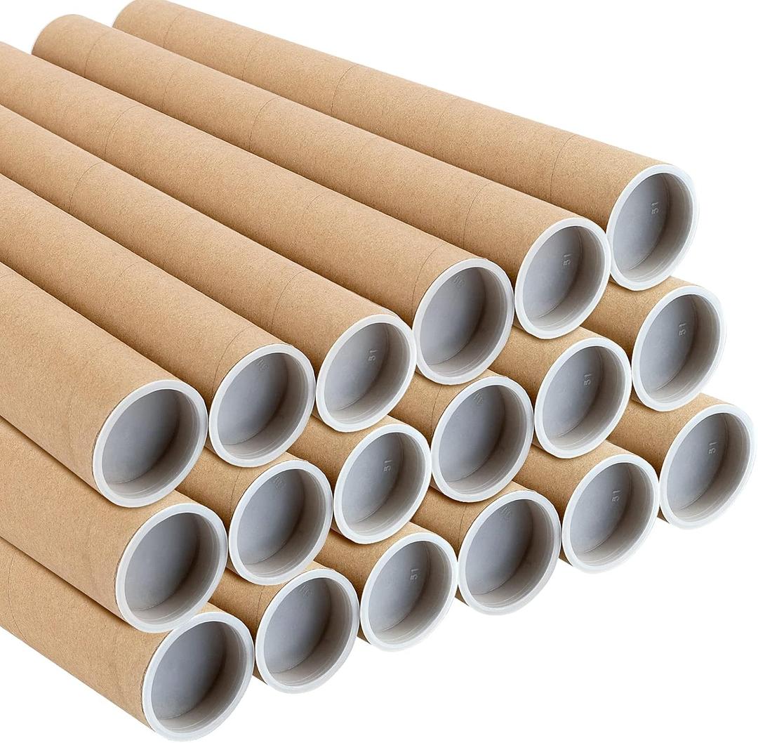 FUNSUEI 18 PCS 2 x 16 Inch Brown Kraft Mailing Tubes with Caps, Cardboard Mailing Tubes for Shipping, Storing, Mailing, Blueprints, Posters