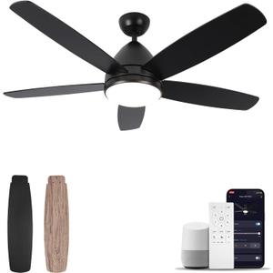 Smart Ceiling Fan with Light, 52 Inch Modern Black Outdoor Ceiling Fan and Remote/App, Dimmable Tri-Color LED and Reversible Motor for Indoor Bedroom/Outdoor Covered Patio