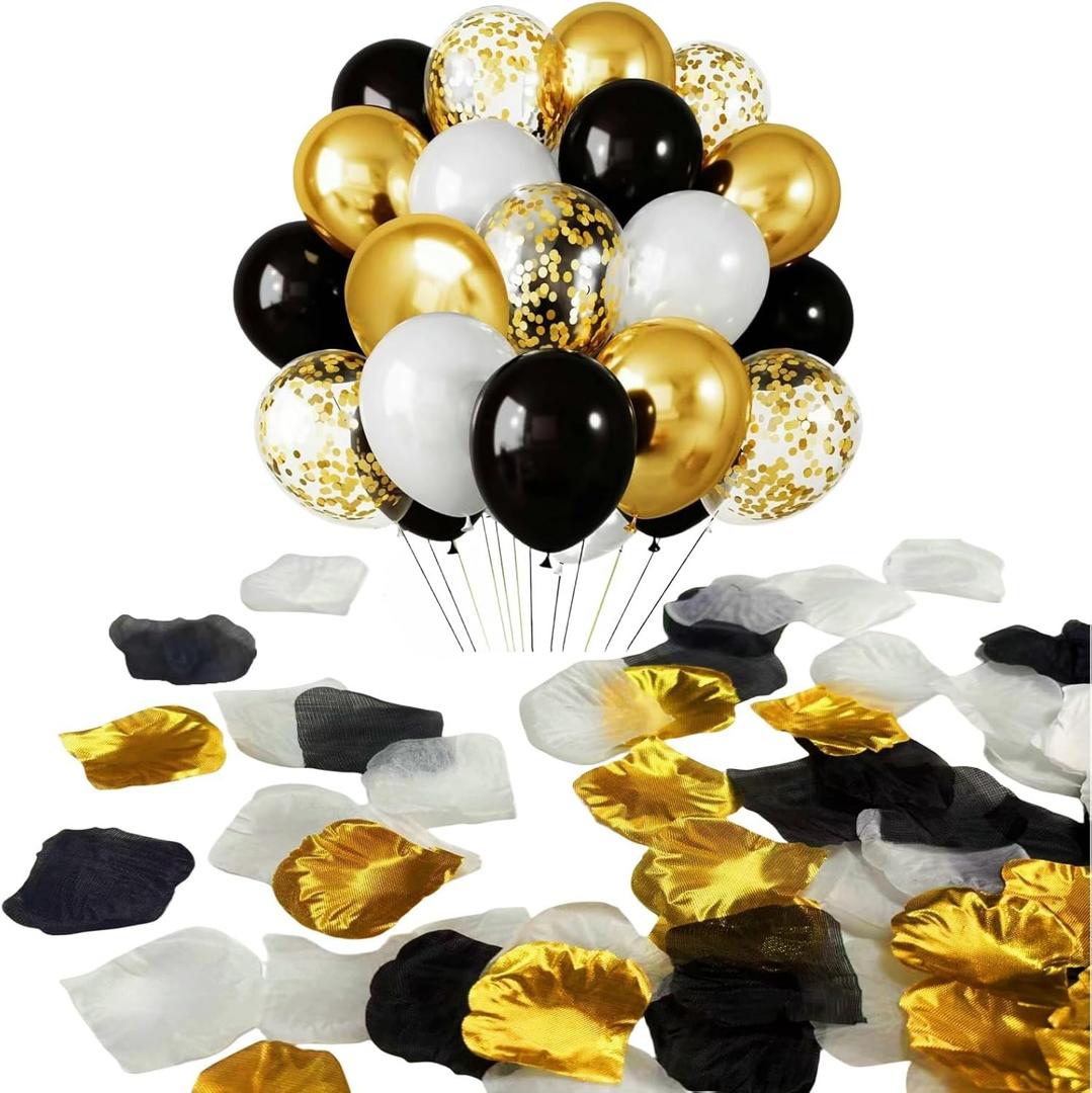 Cynamorkit 1500 pcs Artificial Silk Rose Petals & 30 pcs Balloons Set for Birthday, Valentine's Day, Christmas, Party, Fake Flower Petals and Balloons Kit (Gold, Black, White)