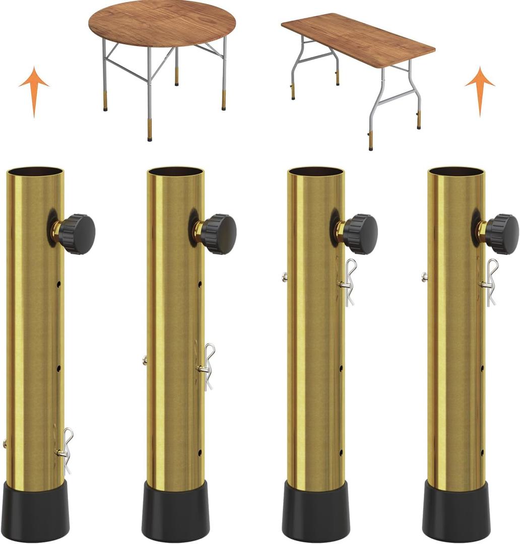 Gold Table Leg Extenders (4 Pack) - Adjustable 2, 4, or 6 Inch Heavy Duty Steel Risers for Folding Tables - Anti-Wobble Height Extension for Straight & Bent Legs, Sewing, and Standing Desk