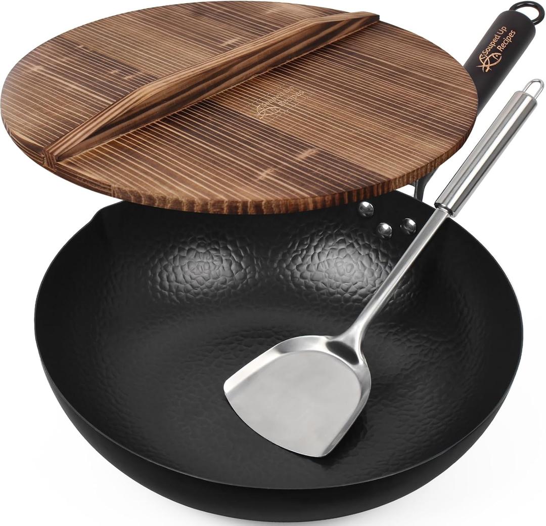 Souped Up Recipes 13.4 Inch Carbon Steel Wok For Electric, Induction and Gas Stoves (Lid, Spatula and User Guide Video Included)