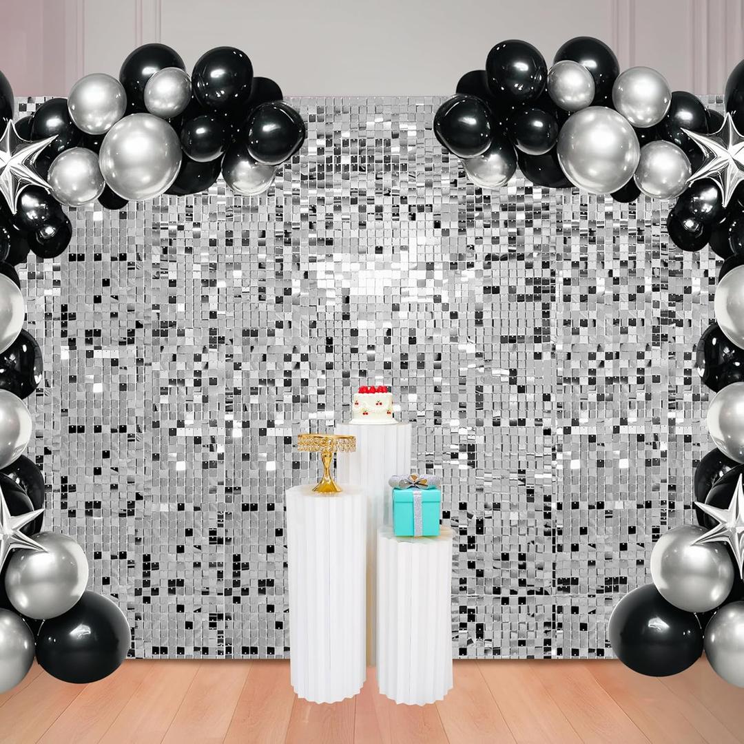 48 Pcs Silver Shimmer Wall Backdrop for Birthday Decorations, 8x6 FT Dynamic Square Sequin Wall Backdrop for Wedding Graduation Disco Engagement Party Proms Anniversary Decor