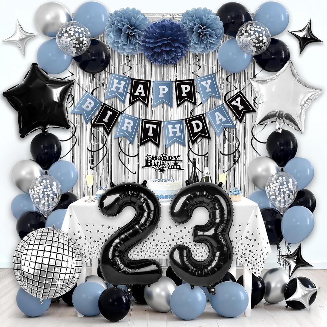 Happy 23rd Birthday Party Decorations for Boys Girls, Dusty Blue and Black Birthday Decorations with Happy Birthday Banner Number 23 Balloons Pom Poms Foil Balloons Curtain Dcor Supplies