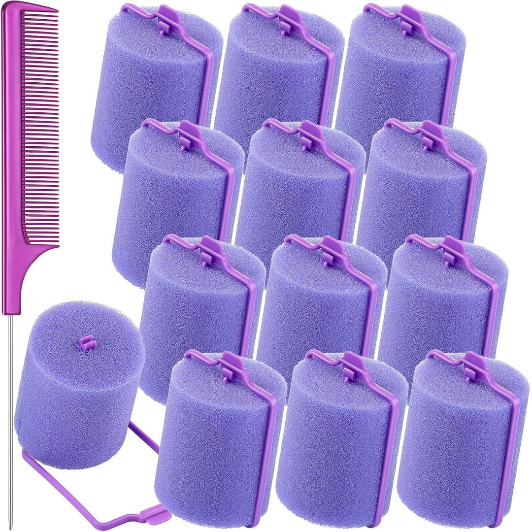 Syhood 12 Pcs Jumbo Foam Sponge Hair Rollers 1.89 Inch Soft Sleeping Curlers Flexible Large Foam Rollers and Rat Tail Comb for Hair Styling(Purple)