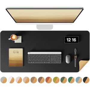 YSAGi Double-Sided Desk Pad, 35.4"x17"Leather Desk Mat, Eco Cork Desk Pad Protector,Large Mouse Pad,Waterproof Desk Blotter for Office/Home(Black)