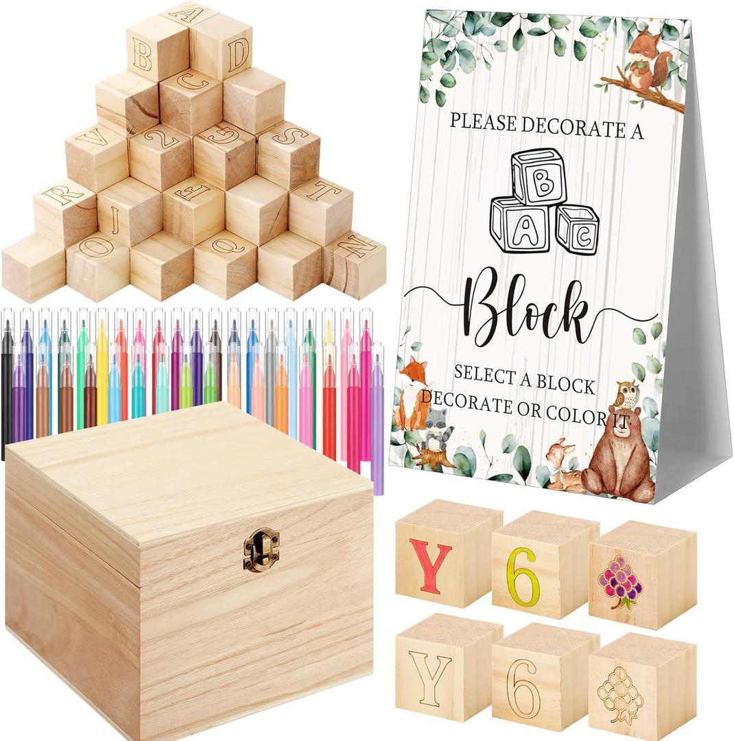 Marsui 136 Pcs Baby Shower Blocks to Decorate Game Kit Includes 98 Wooden Blocks, 36 Markers, 1 Game Sign, 1 Storage Box for Baby Shower Gender Reveal Activity Party Decorations(Land Animal)