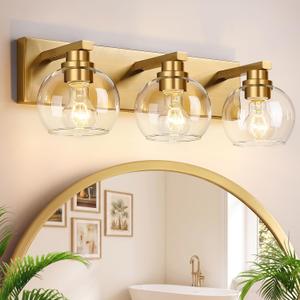 Bathroom Light Fixtures, 3-Light 22 Inch Brushed Gold Bathroom Vanity Light, Modern Wall Sconces with Clear Glass Globe Shades, Vanity Lighting Fixtures Over Mirror, E26 Socket (Bulbs Not Included)