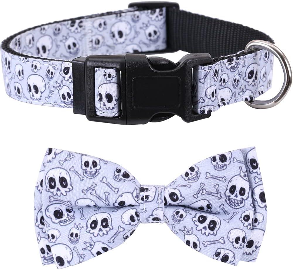 7 x Lamphyface Halloween Dog Collar with Removable Cute Bow Tie Adjustable Pet Collars Large (Skull)