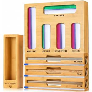 9-in-1 bamboo storage bag rack with cutter, suitable for kitchen drawer and wall storage, compatible with gallons, quarts, aluminum foil and cling film, sandwich, snack Bags