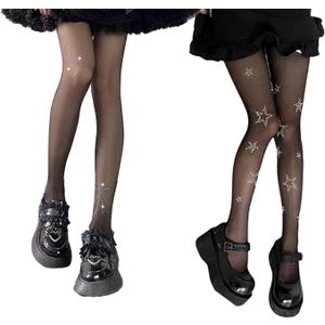 3 x Y2k Star Rhinestone Butterfly Print Pantyhose for Women Tights Thigh High Stockings Tights (Black)