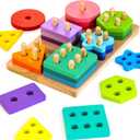 Wooden Sorting & Stacking Toys, Montessori Toys for 1 2 3 Years Old Toddlers, Shape Sorter Puzzles with 24-Piece Large Geometric Blocks & 12 Word Cards, Gift for 12+ Months Baby Boys Girls (Rainbow)