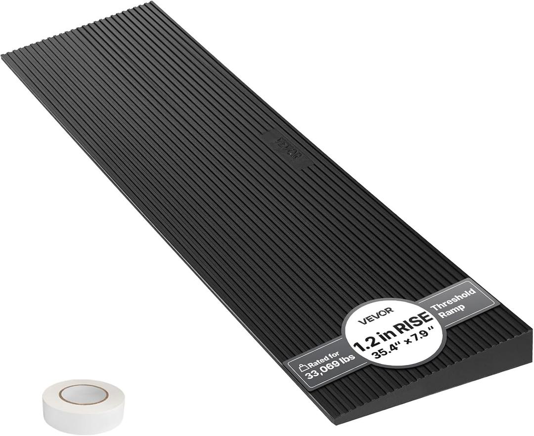 VEVOR 1.2" Rise Cuttable Threshold Ramp for Doorways, 35.4" Wide Natural Rubber Wheelchair Ramp, Non-Slip Solid Rubber Ramp with Double-Sided Tape for Doorways, Driveways, Bathroom, Smooth Tile
