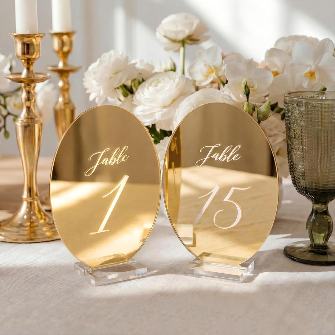 Novabright Oval Wedding Table Number Plates 1-15 with Transparent Stand - 5x7 Inch Acrylic Mirror Gold Table Number Signs Holders, Suitable for Wedding Receptions, Parties, Anniversaries and Events